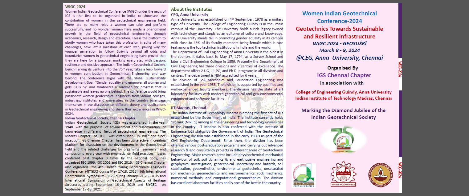 Women Indian Geotechnical Conference-Geotechnics Towards Sustainable and Resilient Infrastructure WIGC- GEOSUSRI